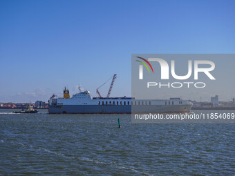 A ship goes to the port in Esbjerg, Denmark, on April 29, 2024. (