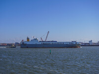 A ship goes to the port in Esbjerg, Denmark, on April 29, 2024. (