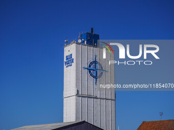 The Blue Water Company building logo is seen in Esbjerg, Denmark, on April 29, 2024. (