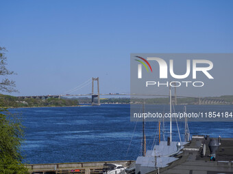 The bridge over the Little Belt is seen in Kongebro Middelfart, Funen, Denmark, on May 2, 2024. The Little Belt is a strait between the isla...