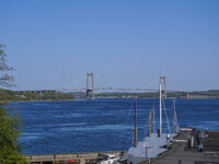 The bridge over the Little Belt is seen in Kongebro Middelfart, Funen, Denmark, on May 2, 2024. The Little Belt is a strait between the isla...