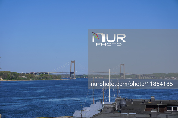 The bridge over the Little Belt is seen in Kongebro Middelfart, Funen, Denmark, on May 2, 2024. The Little Belt is a strait between the isla...