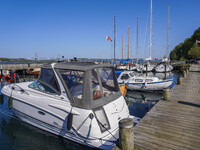 Yachts and boats in the marina are seen in Kongebro Middelfart, Fyn, Denmark, on May 2, 2024. (