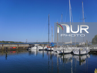 Yachts and boats in the marina are seen in Kongebro Middelfart, Fyn, Denmark, on May 2, 2024. (