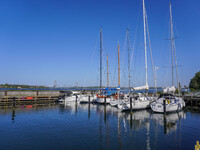 Yachts and boats in the marina are seen in Kongebro Middelfart, Fyn, Denmark, on May 2, 2024. (