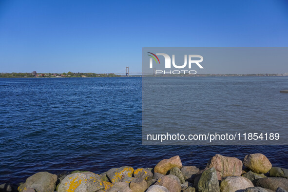 The bridge over the Little Belt is seen in Kongebro Middelfart, Funen, Denmark, on May 2, 2024. The Little Belt is a strait between the isla...