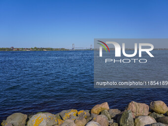 The bridge over the Little Belt is seen in Kongebro Middelfart, Funen, Denmark, on May 2, 2024. The Little Belt is a strait between the isla...