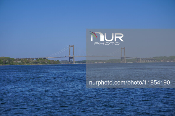 The bridge over the Little Belt is seen in Kongebro Middelfart, Funen, Denmark, on May 2, 2024. The Little Belt is a strait between the isla...