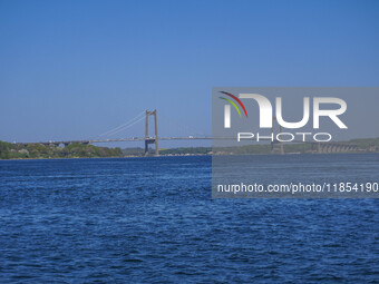 The bridge over the Little Belt is seen in Kongebro Middelfart, Funen, Denmark, on May 2, 2024. The Little Belt is a strait between the isla...