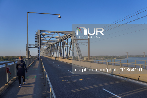 The old bridge over the Little Belt is seen in Kongebro Middelfart, Fyn, Denmark, on May 2, 2024. 