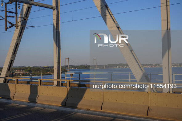 The bridge over the Little Belt is seen in Kongebro Middelfart, Funen, Denmark, on May 2, 2024. The Little Belt is a strait between the isla...