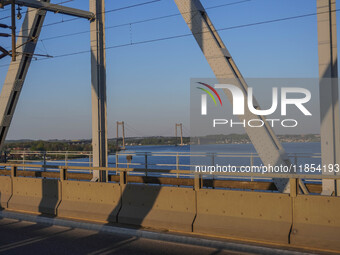 The bridge over the Little Belt is seen in Kongebro Middelfart, Funen, Denmark, on May 2, 2024. The Little Belt is a strait between the isla...