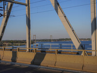 The bridge over the Little Belt is seen in Kongebro Middelfart, Funen, Denmark, on May 2, 2024. The Little Belt is a strait between the isla...