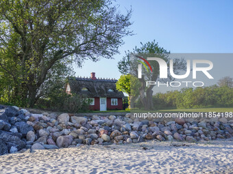 An old Danish wooden house with a thatched roof is on the seashore in Kongebro Middelfart, Fyn, Denmark, on May 3, 2024. (