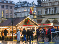 KRAKOW, POLAND - DECEMBER 10:   
A view of the Christmas Market in Krakow’s UNESCO-listed Market Square, with festive stalls and holiday dec...