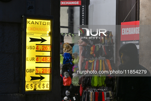 KRAKOW, POLAND - DECEMBER 10:   
A currency exchange shop in Krakow displays only selling rates, a practice that has been common in the city...