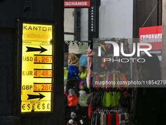 KRAKOW, POLAND - DECEMBER 10:   
A currency exchange shop in Krakow displays only selling rates, a practice that has been common in the city...