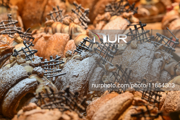 KRAKOW, POLAND - DECEMBER 10:   
An assortment of croissants displayed in a pastry shop in Krakow's Old Town, on December 10, 2024 in Krakow...