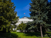 The Parliament of Poland building is on Wiejska Street in Warsaw, Poland, on March 30, 2024. (