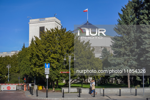 The Parliament of Poland building is on Wiejska Street in Warsaw, Poland, on March 30, 2024. 