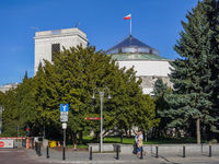 The Parliament of Poland building is on Wiejska Street in Warsaw, Poland, on March 30, 2024. (