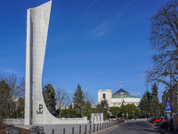 The Parliament of Poland building is on Wiejska Street in Warsaw, Poland, on March 30, 2024. (