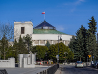 The Parliament of Poland building is on Wiejska Street in Warsaw, Poland, on March 30, 2024. (