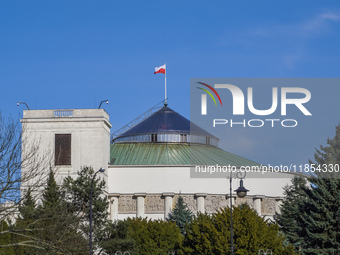 The Parliament of Poland building is on Wiejska Street in Warsaw, Poland, on March 30, 2024. (