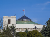 The Parliament of Poland building is on Wiejska Street in Warsaw, Poland, on March 30, 2024. (