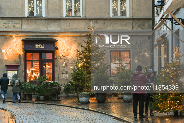 KRAKOW, POLAND - DECEMBER 10:   
A view of Christmas trees and festive decorations outside Camelot Cafe in Krakow’s UNESCO-listed Old Town,...