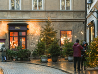 KRAKOW, POLAND - DECEMBER 10:   
A view of Christmas trees and festive decorations outside Camelot Cafe in Krakow’s UNESCO-listed Old Town,...