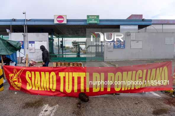 Presidium of Trasnova workers is in Pomigliano d'Arco, Italy, on december 10, 2024, where the banner reads, ''Stellantis, the French colossu...