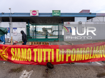 Presidium of Trasnova workers is in Pomigliano d'Arco, Italy, on december 10, 2024, where the banner reads, ''Stellantis, the French colossu...