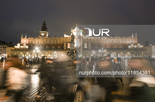 KRAKOW, POLAND - DECEMBER 10:   
A view of the Sukiennice (Cloth Hall) in Krakow’s bustling UNESCO-listed Market Square, on December 10, 202...