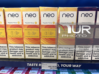 Tobacco products are displayed at a duty-free shop at Zayed International Airport in Abu Dhabi, United Arab Emirates, on March 28, 2024. (