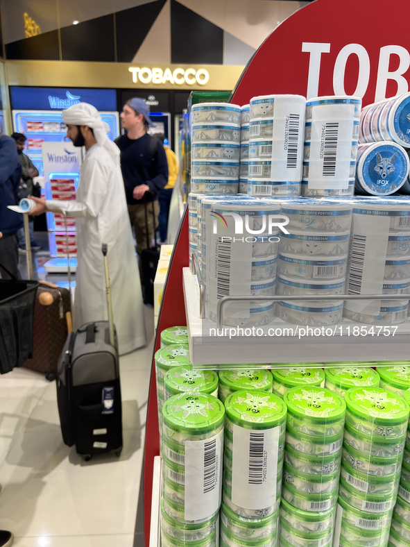 Tobacco products are at a duty-free shop at Zayed International Airport in Abu Dhabi, United Arab Emirates, on March 28, 2024. 