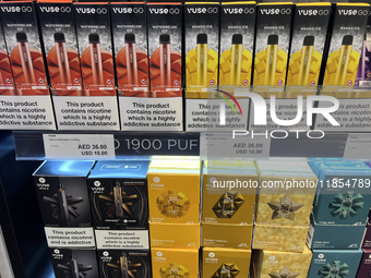 Tobacco products are displayed at a duty-free shop at Zayed International Airport in Abu Dhabi, United Arab Emirates, on March 28, 2024. (