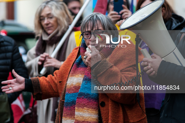 Luisa Morgantini protests with pacifists against the increase in military spending and in favor of human rights in Piazza Capranica near the...