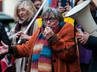 Luisa Morgantini protests with pacifists against the increase in military spending and in favor of human rights in Piazza Capranica near the...