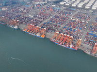 Large cargo ships are loaded at Qinzhou Automated Container Terminal in Beiwan Port, South China's Guangxi Zhuang Autonomous Region, on Dece...