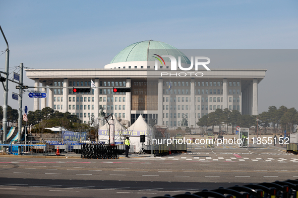 A view of the National Assembly in Seoul, South Korea, on December 11, 2024, a week after President Yoon Suk-yeol's declaration of martial l...