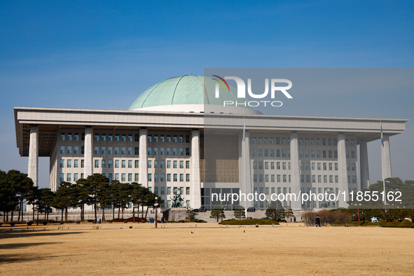 A view of the National Assembly in Seoul, South Korea, on December 11, 2024, a week after President Yoon Suk-yeol's declaration of martial l...