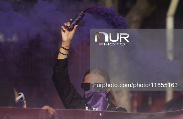 Victims of sexual and digital violence demonstrate outside the National Polytechnic Institute in Mexico City, Mexico, on December 10, 2024,...