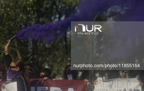 Victims of sexual and digital violence demonstrate outside the National Polytechnic Institute in Mexico City, Mexico, on December 10, 2024,...