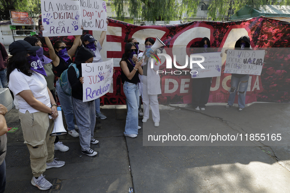 Victims of sexual and digital violence demonstrate outside the National Polytechnic Institute in Mexico City, Mexico, on December 10, 2024,...