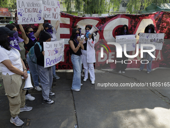 Victims of sexual and digital violence demonstrate outside the National Polytechnic Institute in Mexico City, Mexico, on December 10, 2024,...