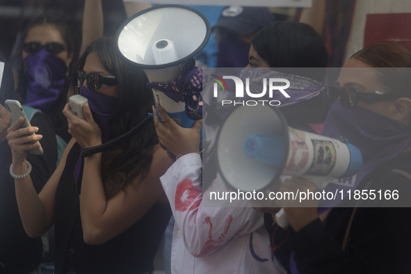 Victims of sexual and digital violence demonstrate outside the National Polytechnic Institute in Mexico City, Mexico, on December 10, 2024,...