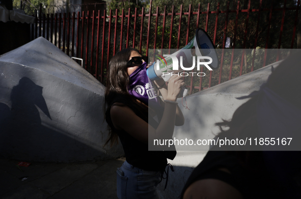 Victims of sexual and digital violence demonstrate outside the National Polytechnic Institute in Mexico City, Mexico, on December 10, 2024,...