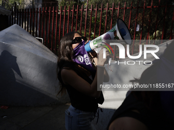 Victims of sexual and digital violence demonstrate outside the National Polytechnic Institute in Mexico City, Mexico, on December 10, 2024,...