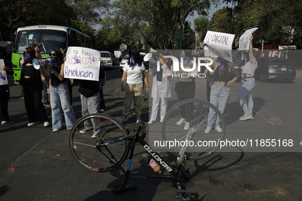 Victims of sexual and digital violence demonstrate outside the National Polytechnic Institute in Mexico City, Mexico, on December 10, 2024,...